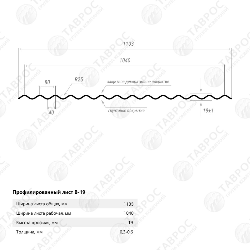 Гофрированный лист В-19 Zn 2500*1103*0,6 односторонний