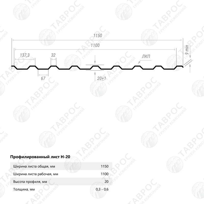 Профнастил Н-20 Zn 2500*1150*0,4 односторонний