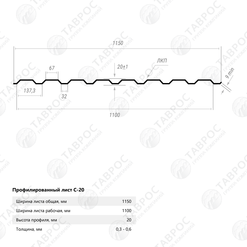 Профнастил С-20 Гладкий полиэстер RAL 9003 (Белый) 2500*1150*0,5 односторонний